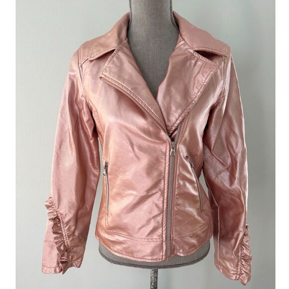 Art Class Metallic Blush Pink Rose Gold Faux Leather Motorcycle Jacket Juniors L - Picture 1 of 11